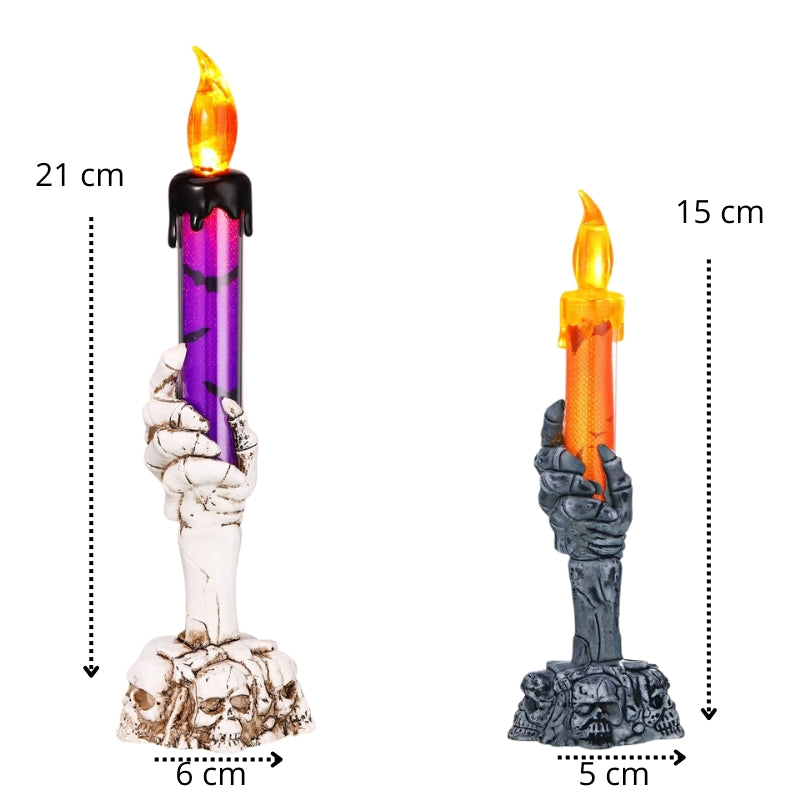 Bougie Halloween Lumière Hantée, avec ses dimensions et sur fond blanc.