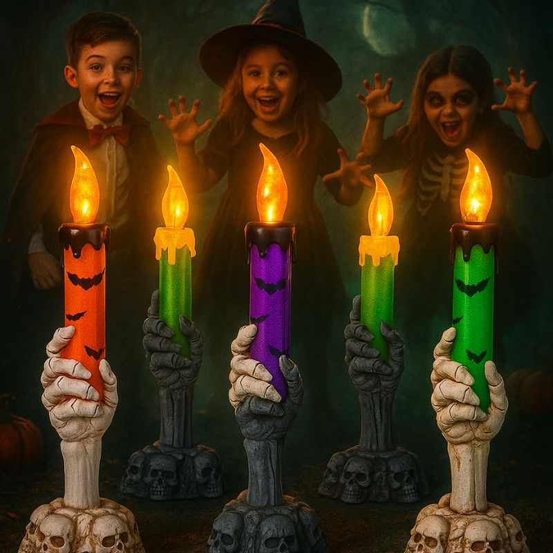 Bougie Halloween Lumière Hantée, de différentes couleurs et avec des enfants en arrière-plan qui sont déguisés pour Halloween.