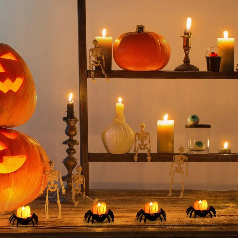 Bougie Halloween Terreur Lumineuse, dans un décors d'halloween, avec des citrouilles.