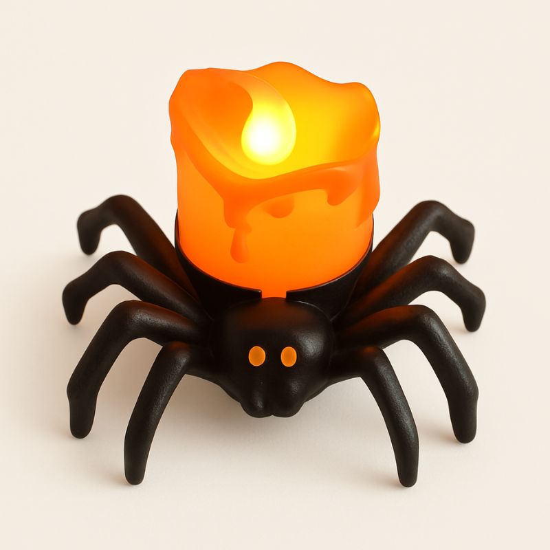 Bougie Halloween Terreur Lumineuse, une araignée de couleur noire et orange à LED et sur fond beige clair.