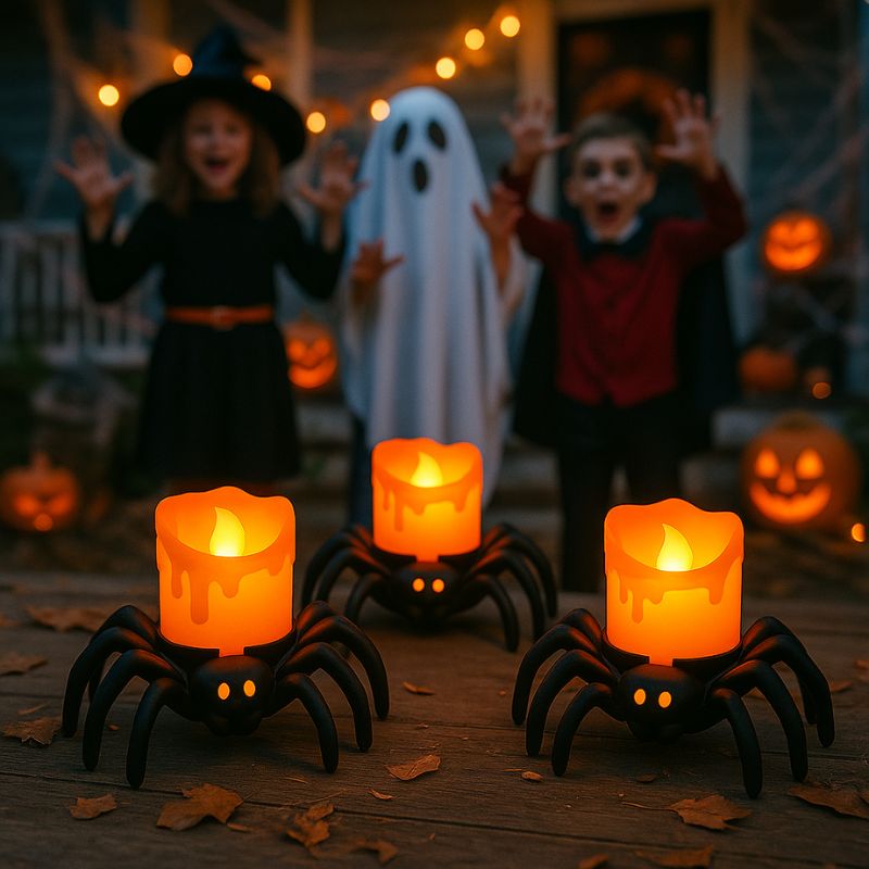 Bougie Halloween Terreur Lumineuse, il y a 3 bougies araignées et aussi des enfants en arrière-plan dans une ambiance d'Halloween.