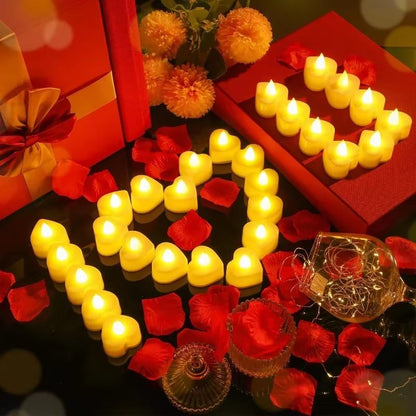Bougie LED Chauffe Plat Cœur, disposés sur un table et allumées. Ambiance romantique.