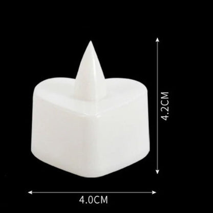Bougie LED Chauffe Plat Cœur, avec ses dimensions et sur fond noir.