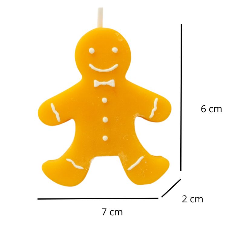 Bougie Noël Bonhomme Pain d’Épices, avec ses dimensions et sur fond blanc.