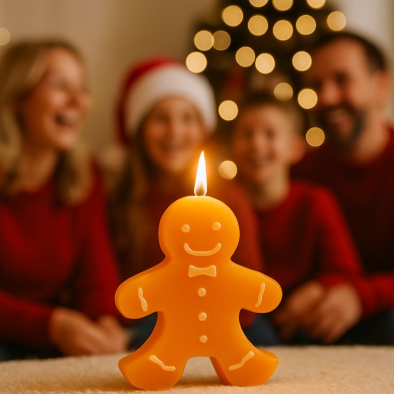 Bougie Noël Bonhomme Pain d’Épices, la bougie est allumée et dans une ambiance festive.