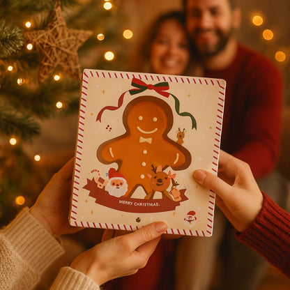 Bougie Noël Bonhomme Pain d’Épices, deux personnes s'offrent la bougie dans sa boîte-cadeaux.