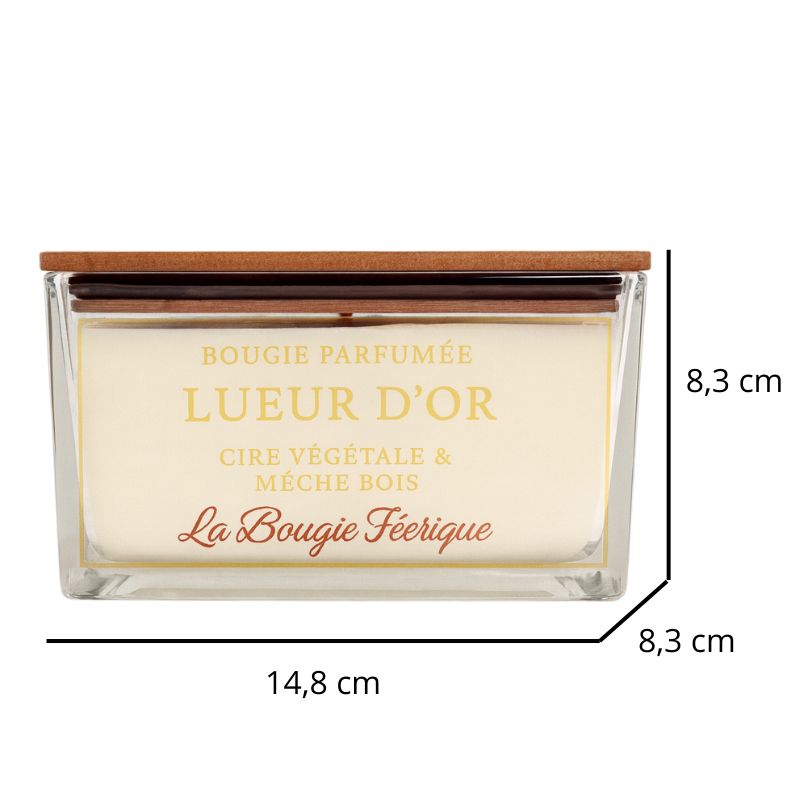 Bougie Parfumé Lueur D'Or, avec ses dimensions et sur fond blanc.