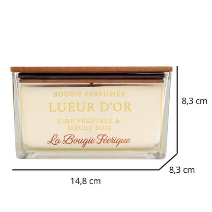 Bougie Parfumé Lueur D'Or, avec ses dimensions et sur fond blanc.