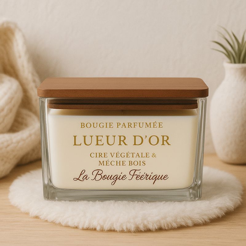 Bougie Parfumé Lueur D'Or, ambiance cocooning, la bougie est disposée sur tapis douillet.