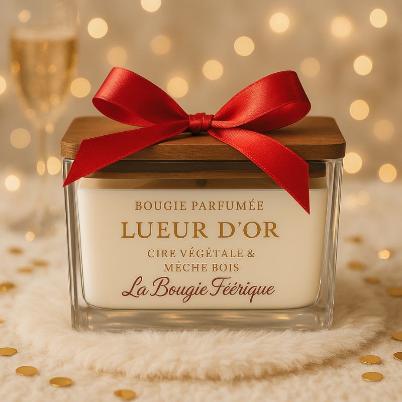 Bougie Parfumé Lueur D'Or, ambiance festive avec un nœud rouge disposé sur la bougie.