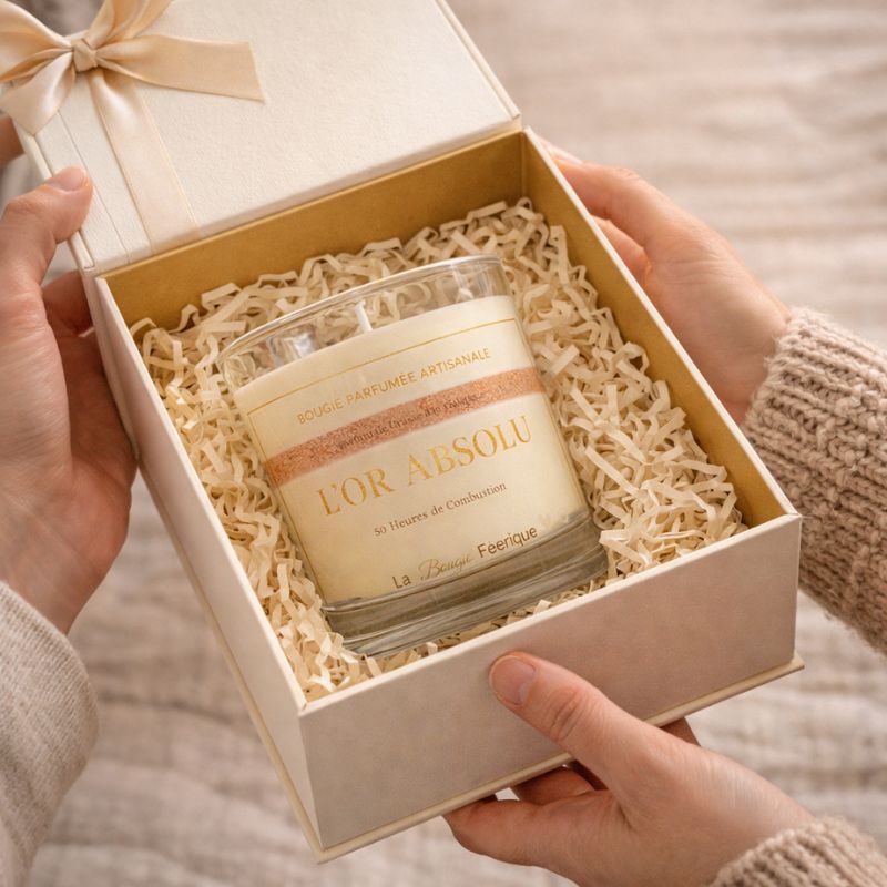 Bougie Parfumée Artisanale L’Or Absolu présentée dans un coffret cadeau élégant, nichée dans un écrin beige avec ruban, mise en scène chaleureuse et raffinée idéale pour offrir un moment précieux.