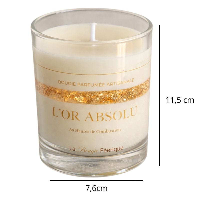 Bougie Parfumée Artisanale L’Or Absolu, avec ses dimensions et sur fond blanc.