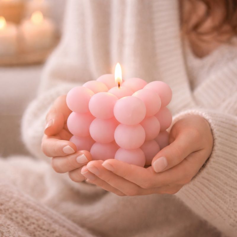 Bougie Parfumée Cube Design, une personne tient la bougie design dans ses mains. Ambiance chaleureuse.