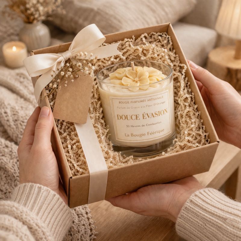 Coffret cadeau bougie parfumée Douce Évasion avec fleurs sculptées et parfum fleur d’oranger idée cadeau élégante ambiance cocooning chaleureuse parfaite à offrir.