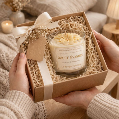 Coffret cadeau bougie parfumée Douce Évasion avec fleurs sculptées et parfum fleur d’oranger idée cadeau élégante ambiance cocooning chaleureuse parfaite à offrir.