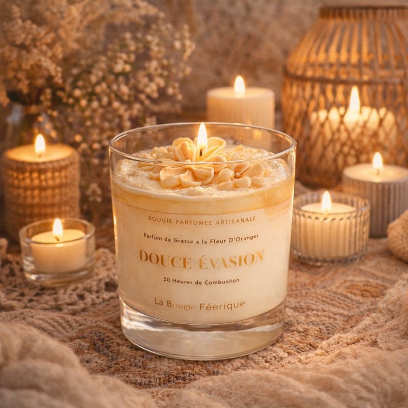 Bougie parfumée Douce Évasion ambiance cocooning avec fleurs sculptées parfum fleur d’oranger moment détente et décoration élégante.