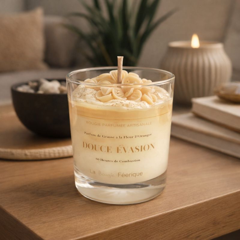 Bougie parfumée Douce Évasion sur table ambiance zen fleurs sculptées parfum fleur d’oranger décoration cocooning et apaisante.
