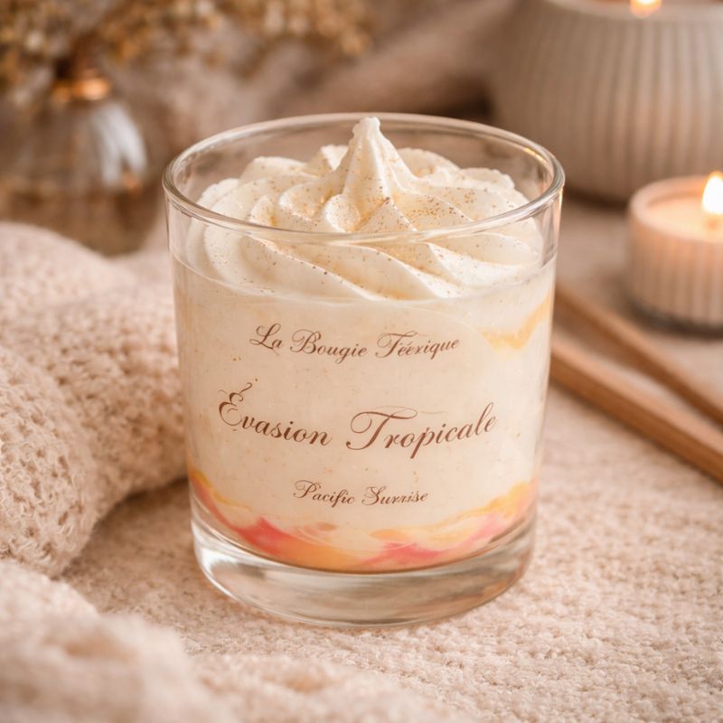 Bougie Parfumée Évasion Tropicale dans un verre transparent avec finition chantilly, ambiance cocooning et élégante.