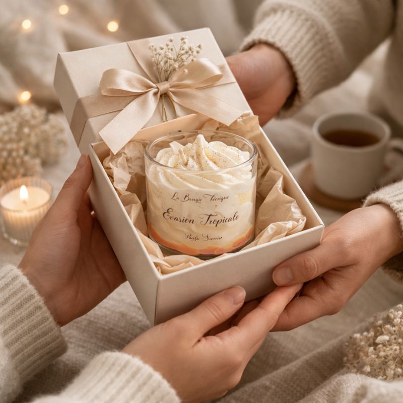 Bougie Parfumée Évasion Tropicale présentée dans un coffret cadeau ouvert avec ruban, ambiance chaleureuse et idée cadeau élégante.