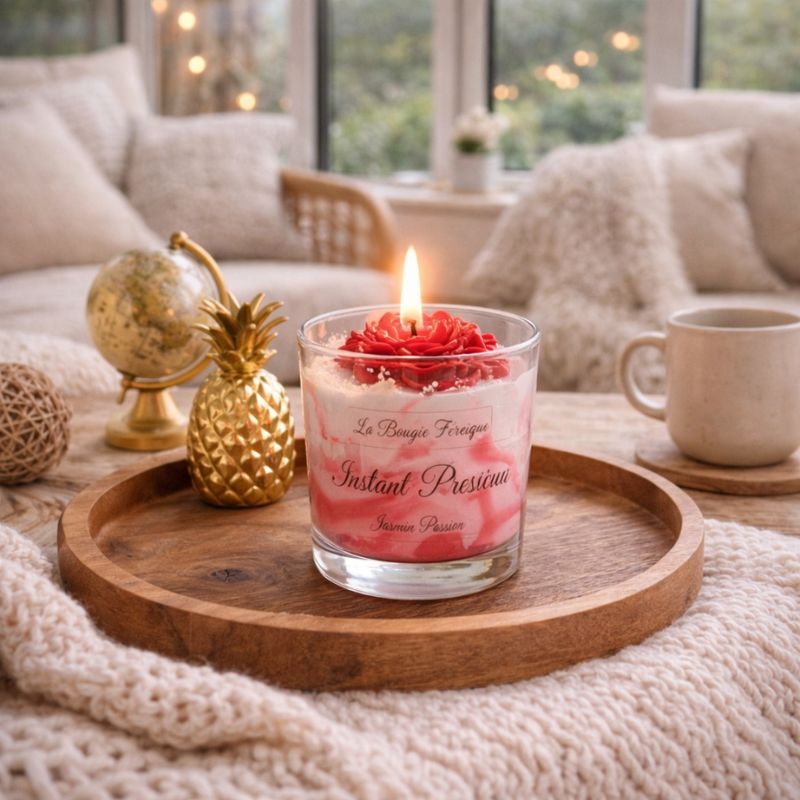 Bougie Parfumée Instant Précieux allumée sur un plateau en bois avec décoration intérieure, ambiance cocooning et raffinée.
