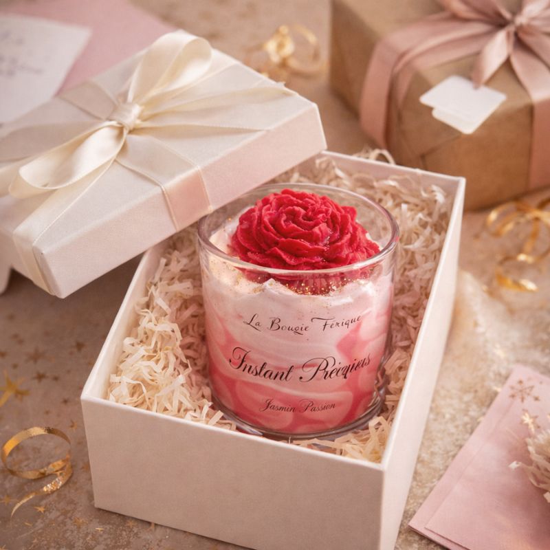 Bougie Parfumée Instant Précieux présentée dans un coffret cadeau avec ruban et papier décoratif, ambiance élégante et festive.