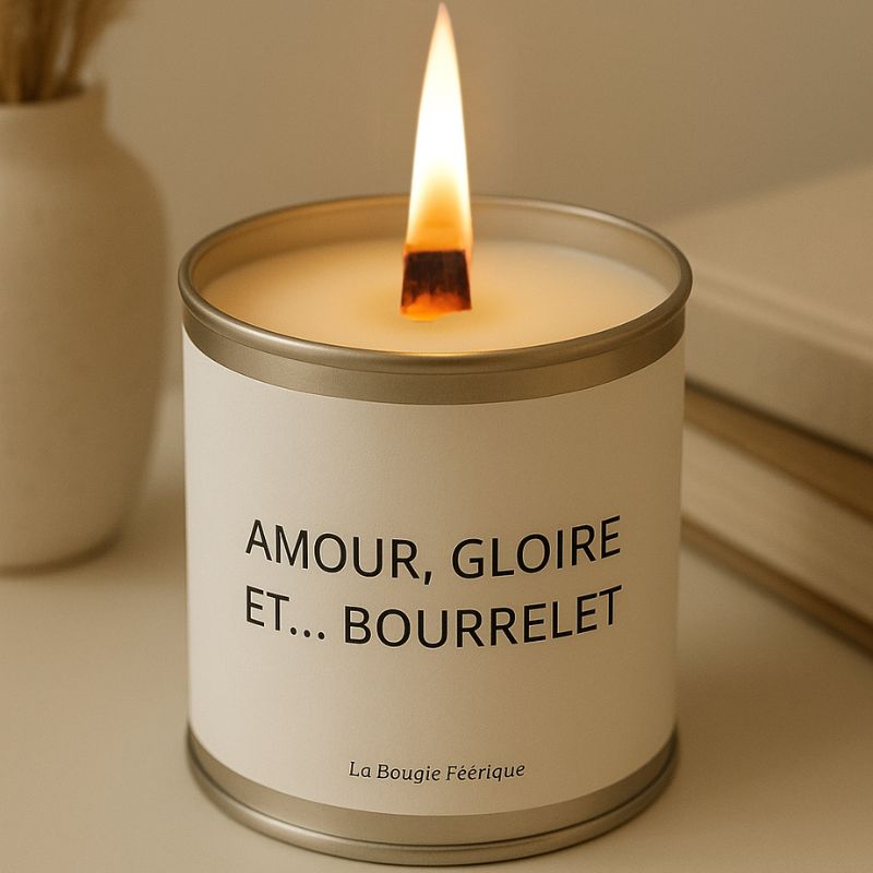 Bougie Personnalisée "Amour Gloire et Bourrelet", la bougie est allumée et dans une ambiance cocooning.