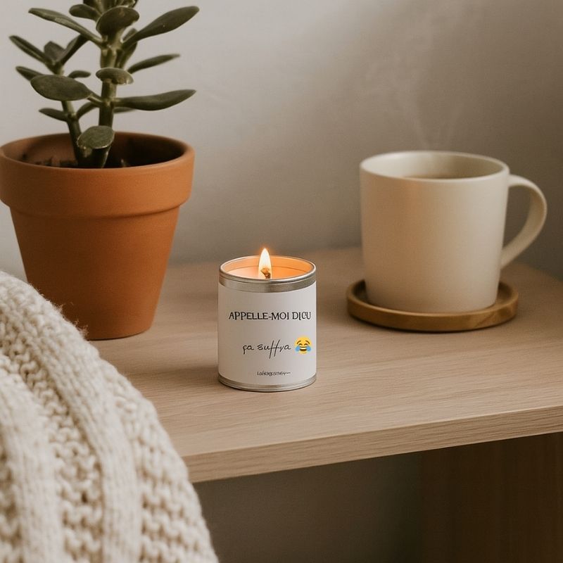 Bougie Personnalisée "Appelle-moi Dieu ça Suffira", la bougie est allumée et posée sur une console en bois. Ambiance zen.