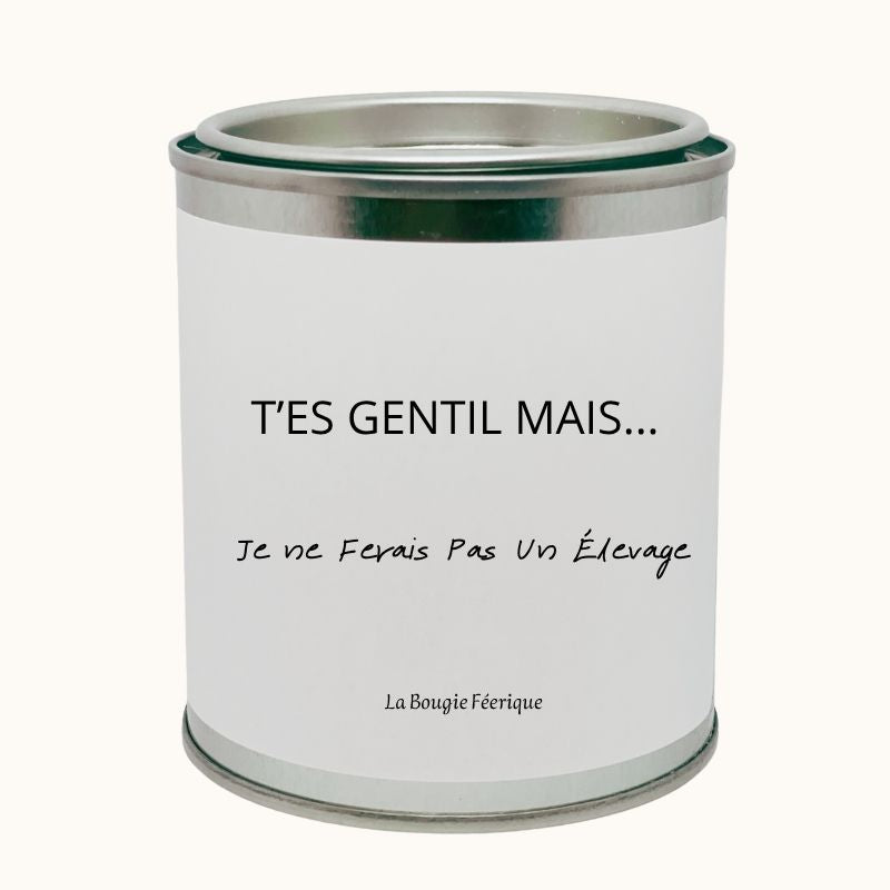 Bougie Personnalisée "T'es Gentil Mais Je ne Ferais Pas un Élevage", on peut voir le message humoristique sur la bougie, le contenant est fermé et limage est sur un fon beige clair.