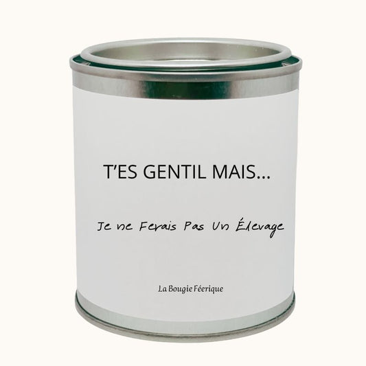 Bougie Personnalisée "T'es Gentil Mais Je ne Ferais Pas un Élevage", on peut voir le message humoristique sur la bougie, le contenant est fermé et limage est sur un fon beige clair.