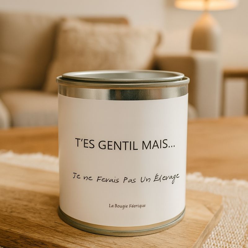 Bougie Personnalisée "T'es Gentil Mais Je ne Ferais Pas un Élevage", la bougie est disposée sur une table en bois et dans un salon.