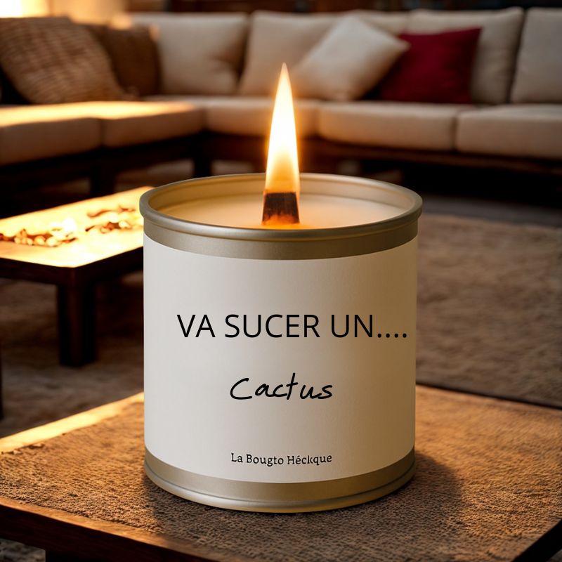 Bougie Personnalisée "Va Sucer un Cactus", disposée sur une table basse en bois et dans un salon.