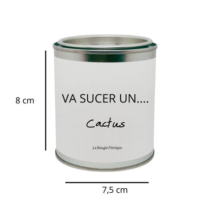 Bougie Personnalisée "Va Sucer un Cactus", avec ses dimensions et sur fond blanc.
