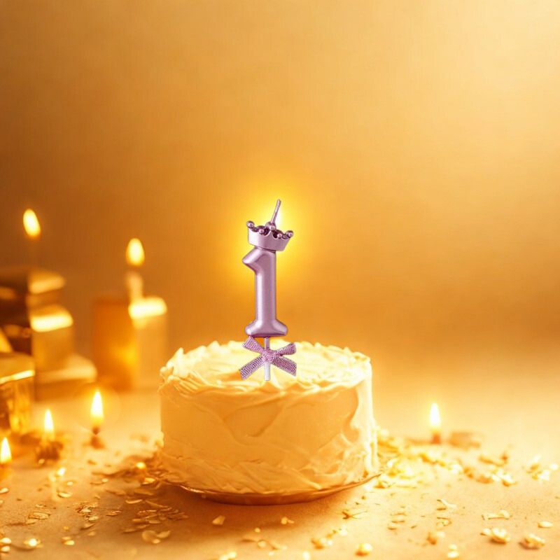 Bougie Rose Chic et Couronnée, le chiffre de la bougie est le 1, posée sur un gâteau d'anniversaire. Fond Doré.