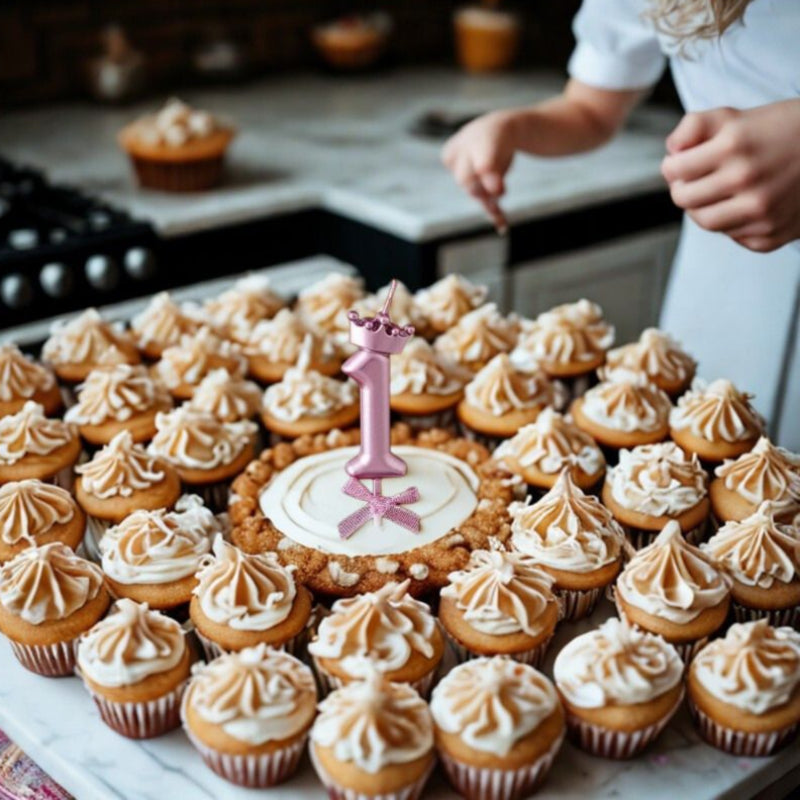 Bougie Rose Chic et Couronnée, disposée sur des cupcakes, dans une cuisine, le chiffre de la bougie est le 1.