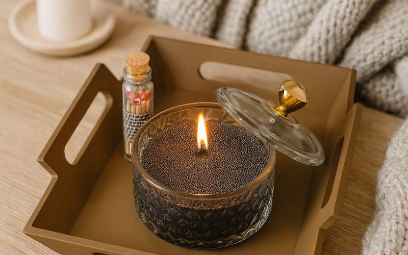 Bougie Saint Valentin, en coffret cadeau avec de la cire perle noire, la bougie est allumée et disposée dans un plateau marron et posé sur une table en bois.