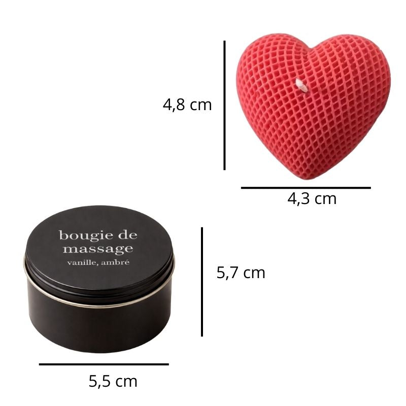 Bougie Saint Valentin Coffret Coquin, avec les dimensions des deux bougies et sur fond blanc.