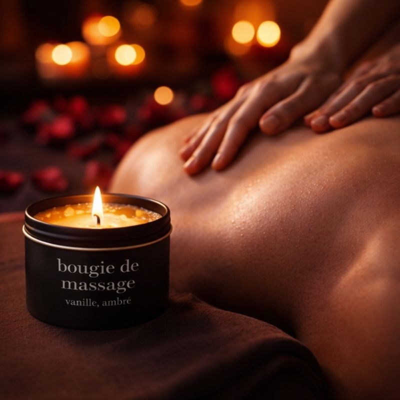 Bougie Saint Valentin Coffret Coquin, on voit la bougie de massage et quelqu’un en train de masser le dos d'une autre personne.