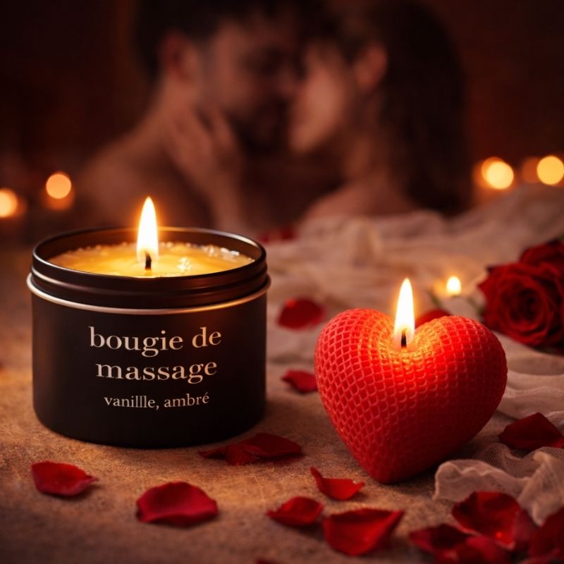 Bougie Saint Valentin Coffret Coquin, la bougie de massage et la bougie parfumée sont allumée et posées sur une table avec des amoureux en arrière plan.