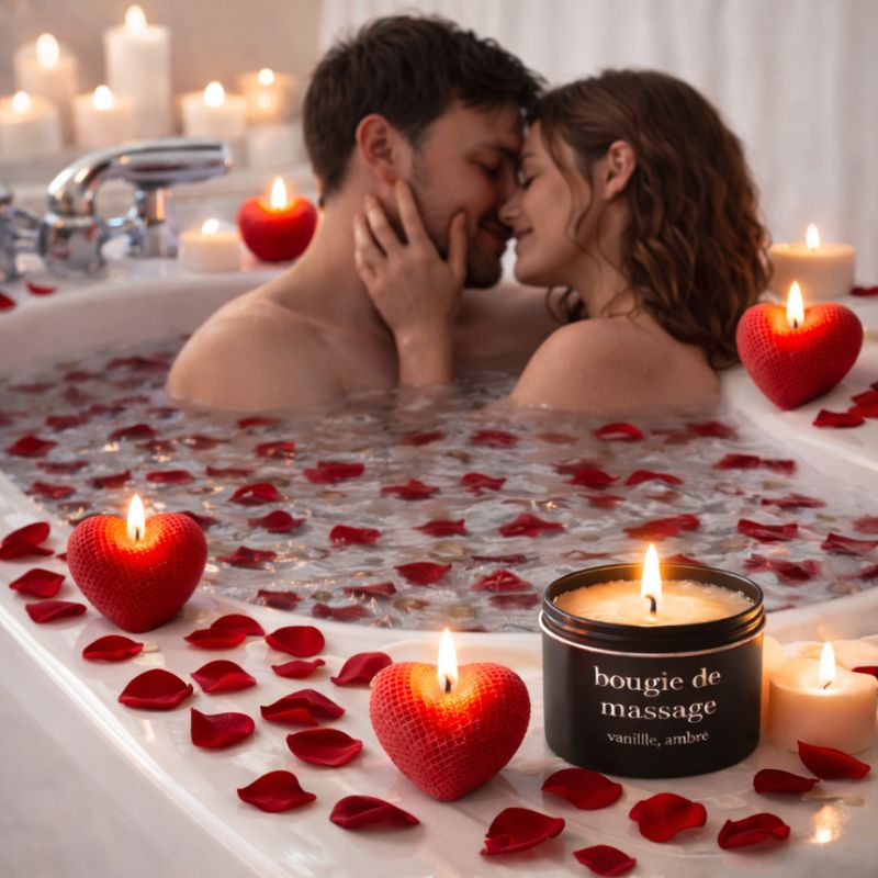 Bougie Saint Valentin Coffret Coquin, deux amoureux sont dans une baignoir, dans une ambiance romantique et il y a les bougies posées sur le rebord.