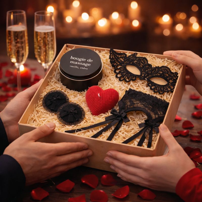 Bougie Saint Valentin Coffret Coquin, deux personnes s'offrent le coffret avec tous les accessoires à l’intérieur et dans une ambiance romantique.