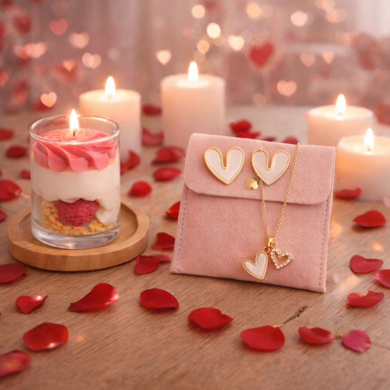 Bougie Saint Valentin Coffret Passion, il est pos sur une table en bois recouverte de pétales rouges, la bougie est allumée et les boucles d’oreilles ainsi que le collier sont posés sur la pochette rose. Ambiance romantique.