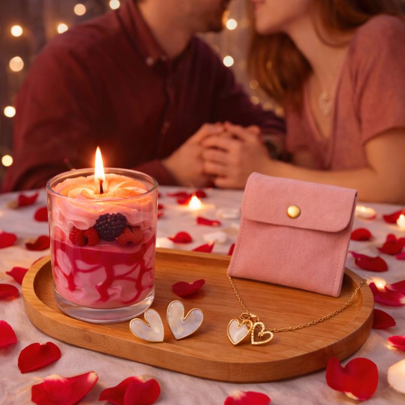 Bougie Saint Valentin Coffret Tendre Moment, il est posé sur une table avec des pétales rouges autour et il y a un couple en arrière plan. Ambiance romantique.