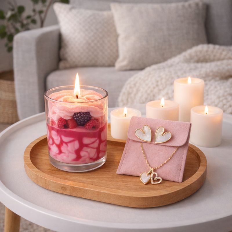 Bougie Saint Valentin Coffret Tendre Moment, la bougie est allumée, les bijoux posés sur la pochette rose, le tout posé sur une table basse blanche et dans une ambiance scandinave.