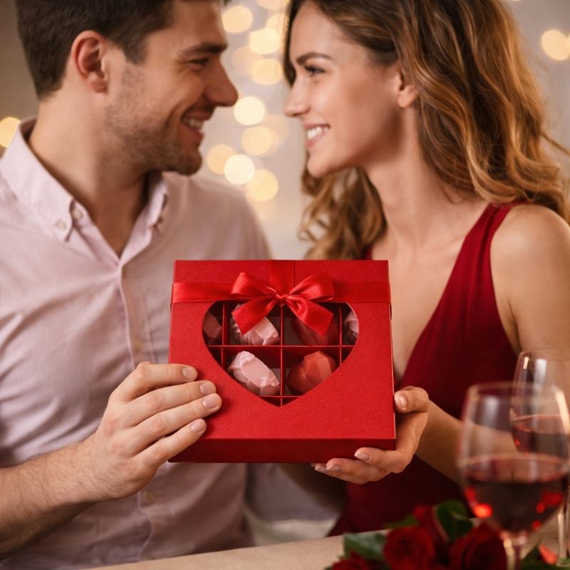 Bougie Saint Valentin Fondant Parfumé en Coffret Cadeau, deux personnes s'offrent le coffret cadeau de la saint valentin. Ambiance romantique.