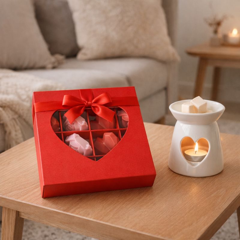 Bougie Saint Valentin Fondant Parfumé en Coffret Cadeau, disposé sur une table avec un brûleur à côté. Ambiance scandinave.