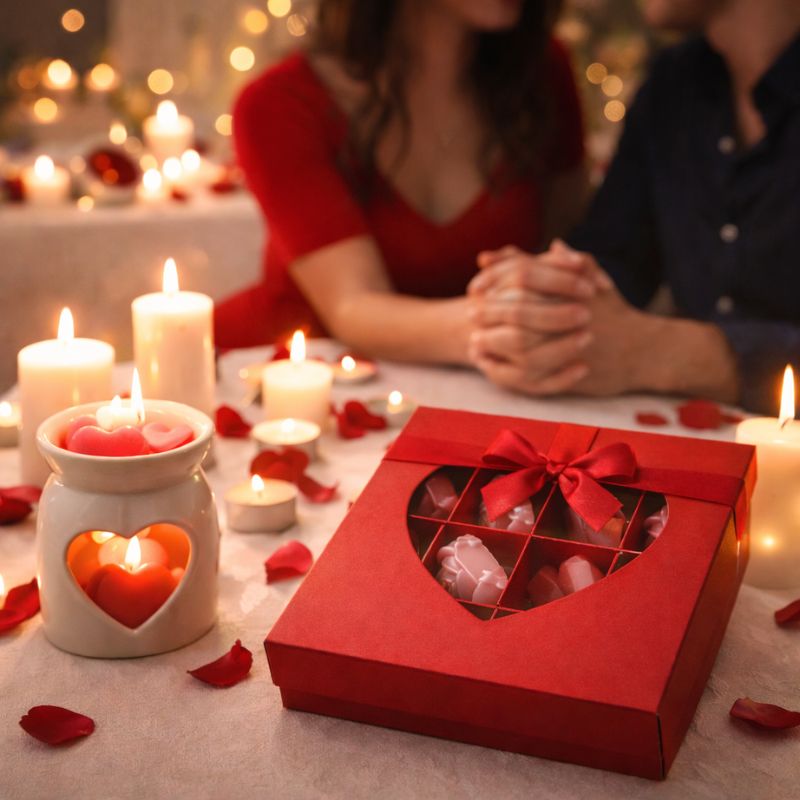 Bougie Saint Valentin Fondant Parfumé en Coffret Cadeau, disposé sur une table avec des pétales rouges, des bougies et un brule parfum en forme de coeur blanc.