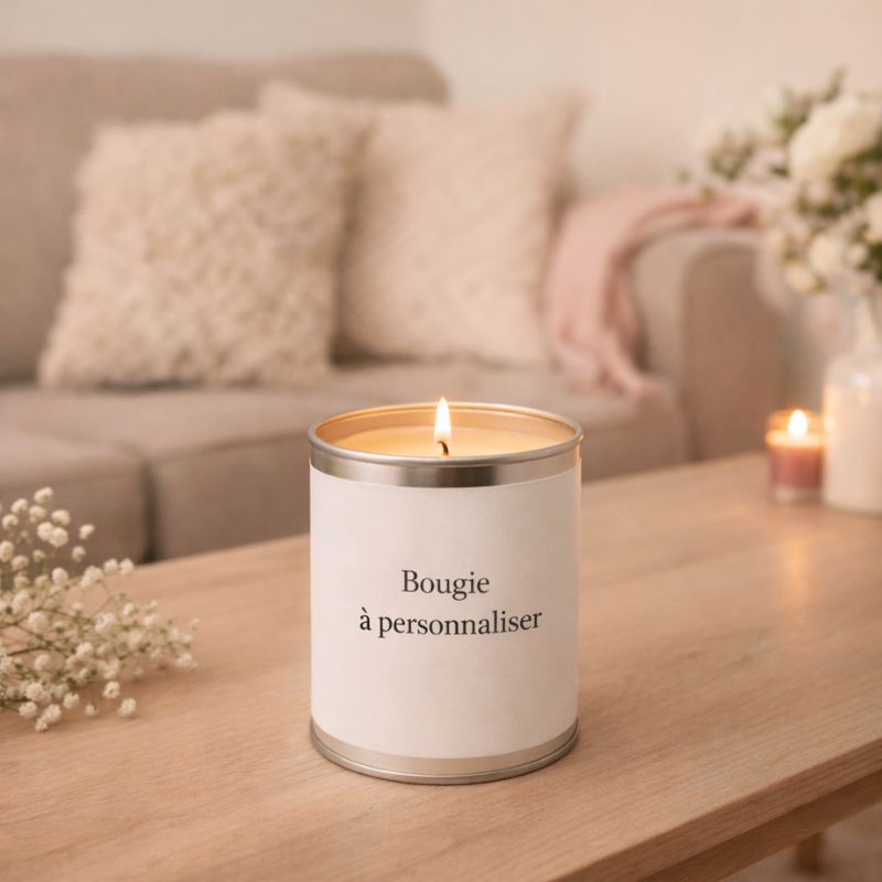 Bougie Saint Valentin à Personnaliser, la bougie est allumée et posée sur une table en bois et ans une ambiance scandinave.