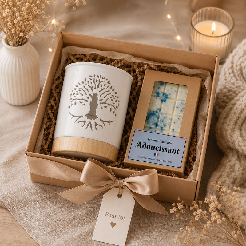 Coffret cadeau Brule Parfum Arbre De Lumière avec tablette de fondant parfumé Adoucissant, idée cadeau déco chaleureuse pour diffuser une agréable fragrance.