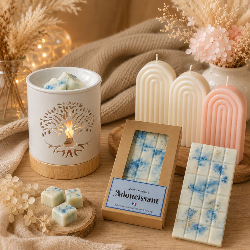 Brule Parfum Arbre De Lumière en céramique entouré de bougies décoratives et d'une tablette de fondant parfumé Adoucissant dans une ambiance chaleureuse.