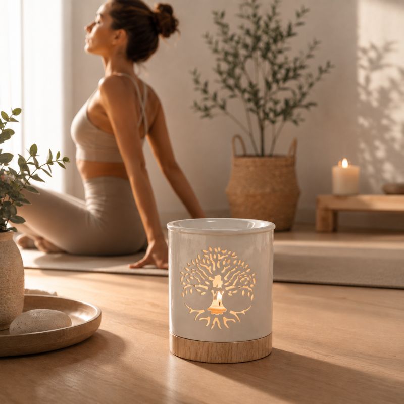 Brule Parfum Arbre De Lumière diffusant un fondant parfumé pendant une séance de yoga, créant une ambiance apaisante propice à la relaxation et au bien-être.